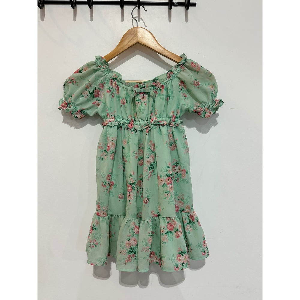 Janie and Jack Girls Mint Green Floral Puff Sleeve Ruffle Dress Size 5